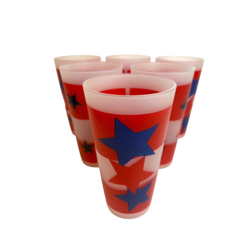Set Of 6 Vintage Patriotic Star Plastic 6" Tall Tumblers Red Blue Americana